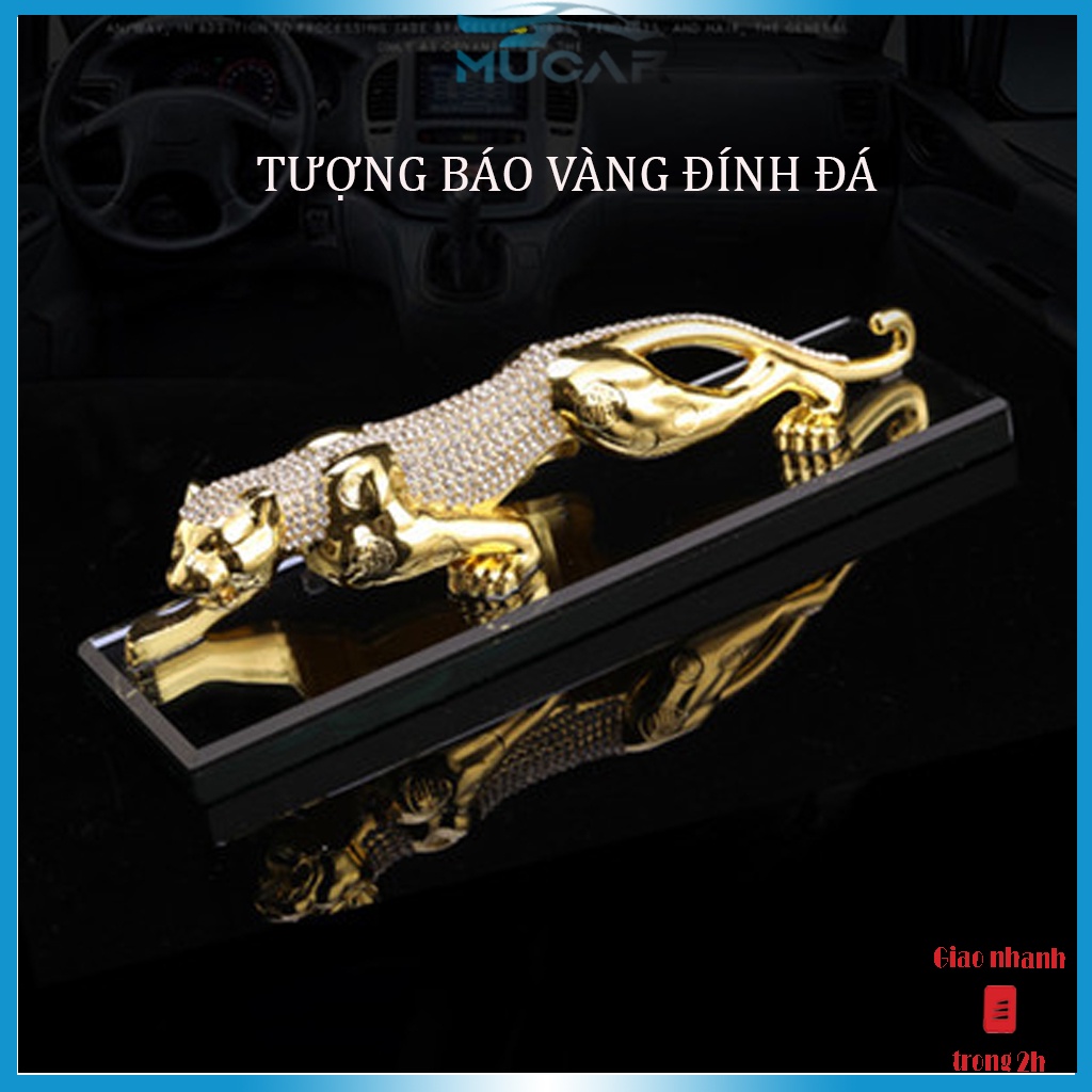 Tượng Báo Vàng Đính Đá Trang Trí Taplo Ô Tô, Đế Đựng Nước Hoa Làm Bằng Pha Lê, Tặng kèm tinh dầu,miếng chống trượt