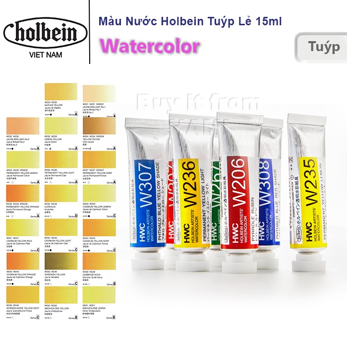 Màu nước Holbein Artist Watercolor Nhật Bản - Tuýp lẻ 15ml - Bảng màu Vàng