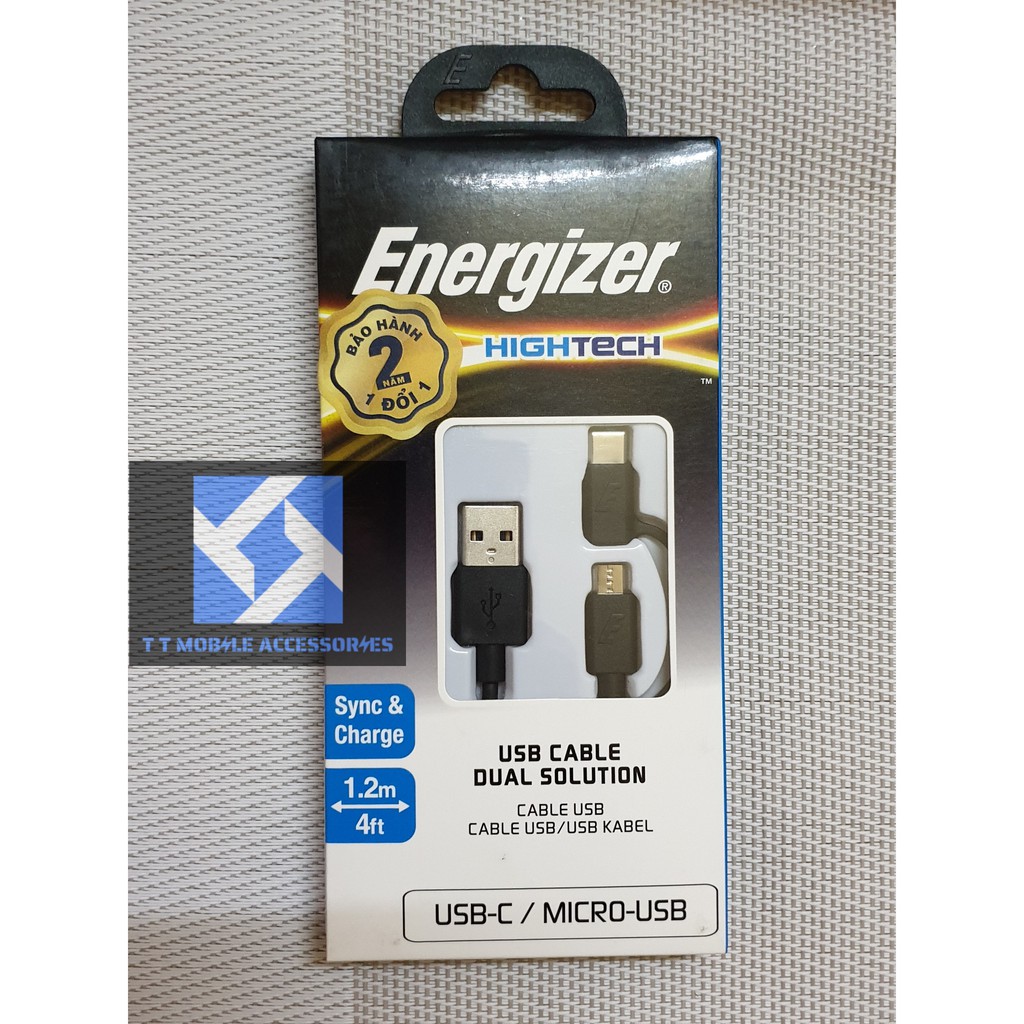 Cáp 2 trong 1 Type-C & Micro-USB Energizer, 1.2m, C11UBX2CFBK4, hàng Energizer VIETNAM, mới 100%, Bảo hành 2 năm 1 đổi 1