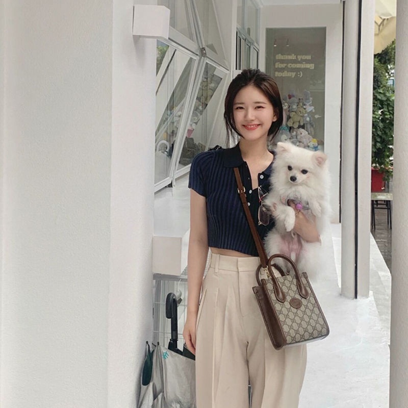 ✙✁❀Zhao Lusi Áo Thun Dệt Kim Tay Ngắn Cổ POLO Màu Xanh Navy Dáng Ôm Dành Cho Bạn Nữ