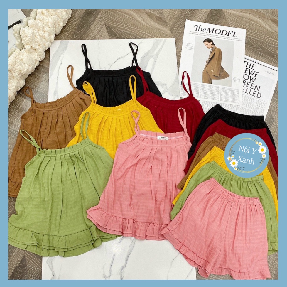 Bộ 2 dây nữ mặc ở nhà chất đũi nhăn thời thượng mát lạnh ngày hè B335 Nội Y Xanh hàng đẹp trendy