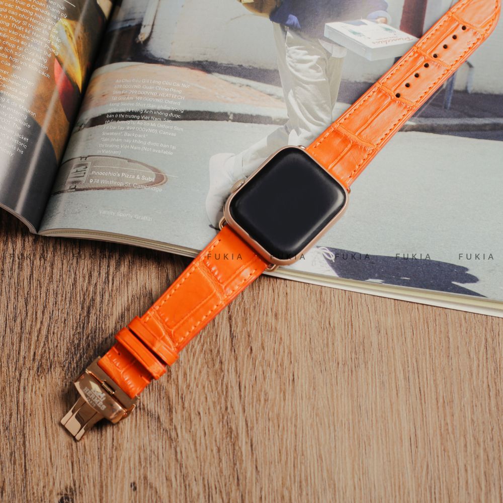 Dây da thủ công Cá Sấu Cam dành cho Apple Watch, đồng hồ thông minh, đồng hồ cơ FUKIA DDTC255