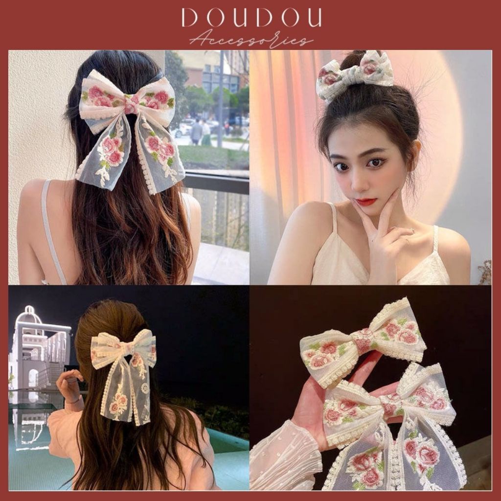 Phụ kiện kẹp tóc xinh DOUDOU Cặp tóc Kẹp tóc nơ tiểu thư thêu hoa công chúa nàng thơ phong cách Hàn Quốc Hottrend FJ017