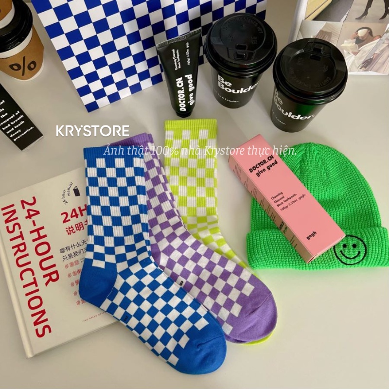 Tất cao cổ Kẻ Caro sắc màu nam nữ unisex chất đẹp TC36