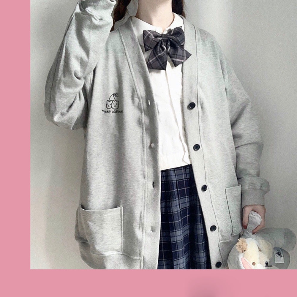 Áo khoác Cardigan cài cúc cổ V dáng rộng oversize phong cách dễ thương JK Nhật Bản A00082