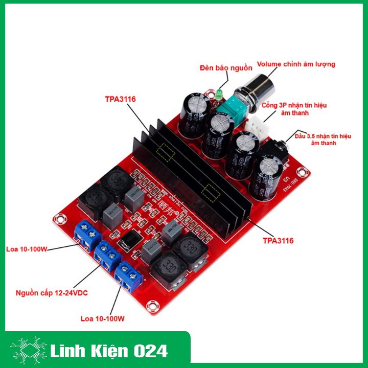 Module khuếch đại âm thanh TPA3116D2 HIFI 2.0 2*100W 12-24VDC 4-8 Ohms
