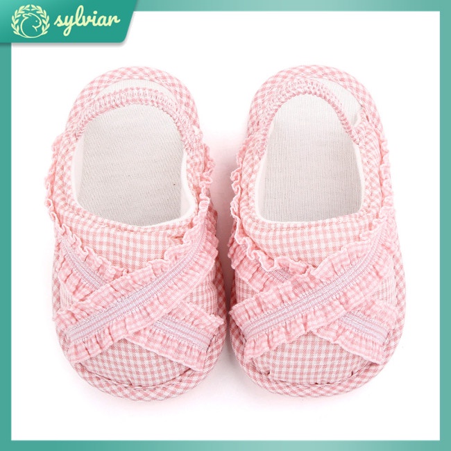 Đôi dép đi trong nhà vải cotton sọc ca rô phối viền bèo dành cho bé 0-18 tháng tuổi