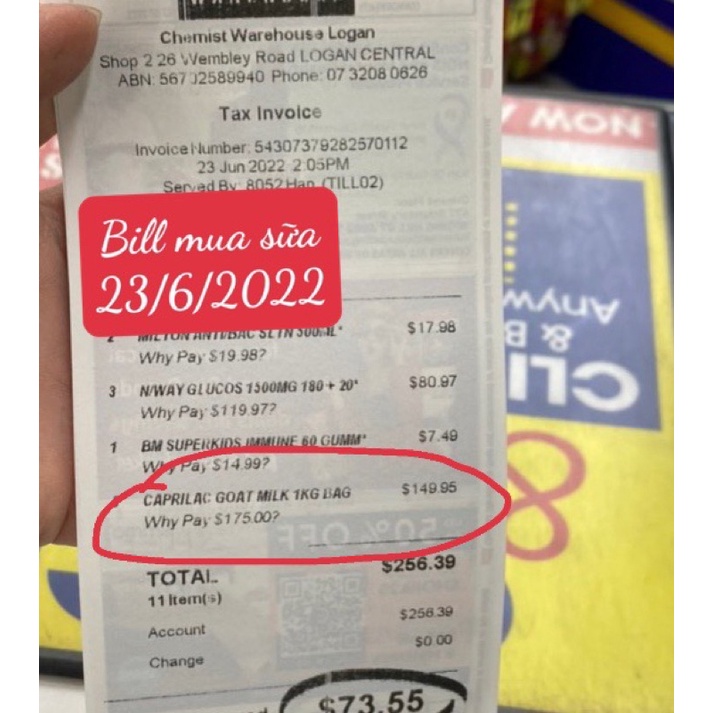 SỮA DÊ CAPRILAC GOAT MILK của Úc 1kg - bill mua hàng 10.2023