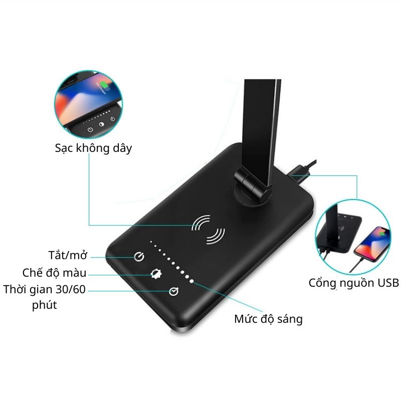 Đèn học để bàn đa năng chống cận thị - Đèn không dây kết hợp sạc điện thoại
