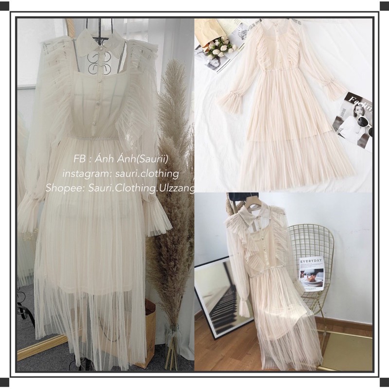 SALE XẢ HÀNG Thanh lý 🖤Set Đầm xoè lưới công chúa kèm váy hai dây|Đầm maxi bèo tay dài tiểu thư dạo phố xinh xắn