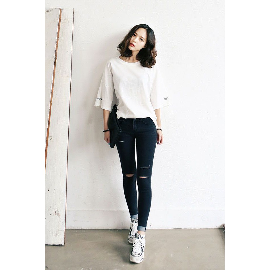 Quần Jeans Nữ Đen Rách Thời Trang Rách 4 Đường Size 26 đến 35