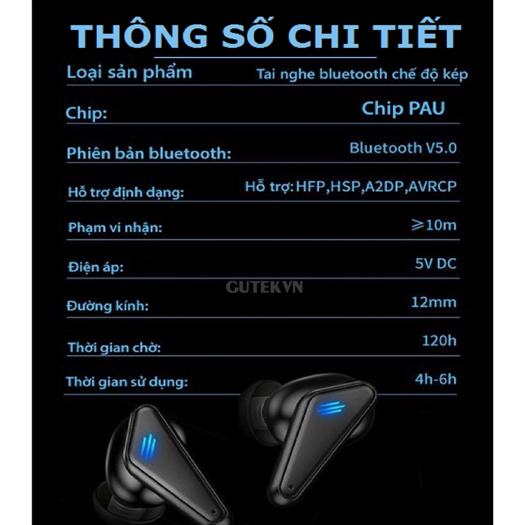 Tai nghe bluetooth gaming không dây Gutek K55 tws 5.0 có mic chơi game độ trễ thấp bass mạnh