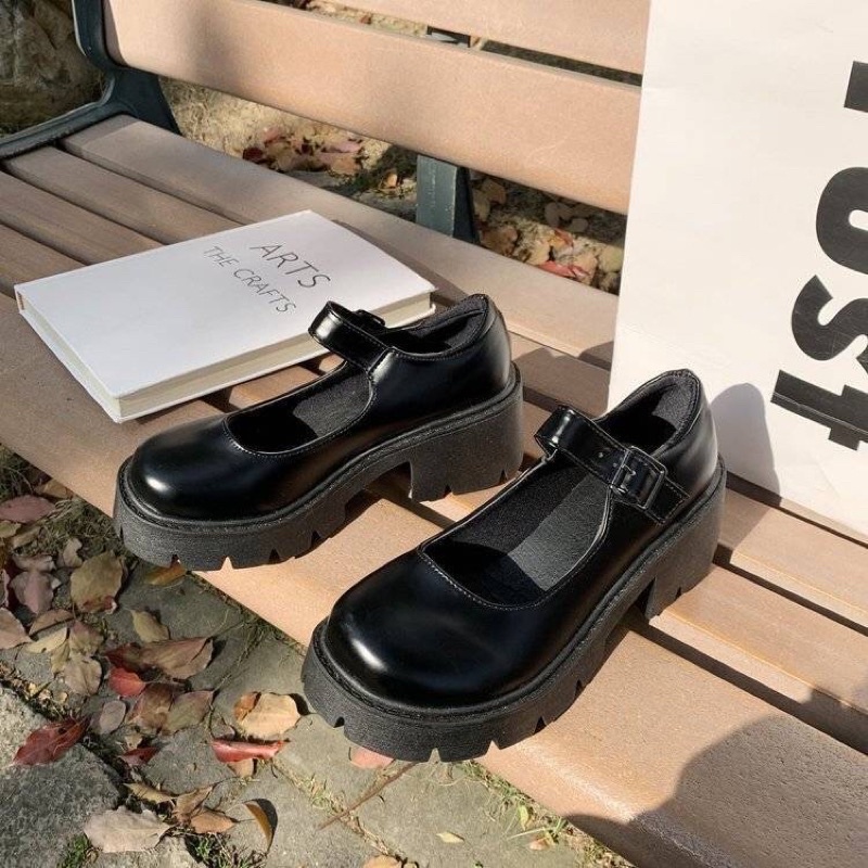 Giày búp bê lolita công chúa đế cao 6cm trắng đen có sẵn