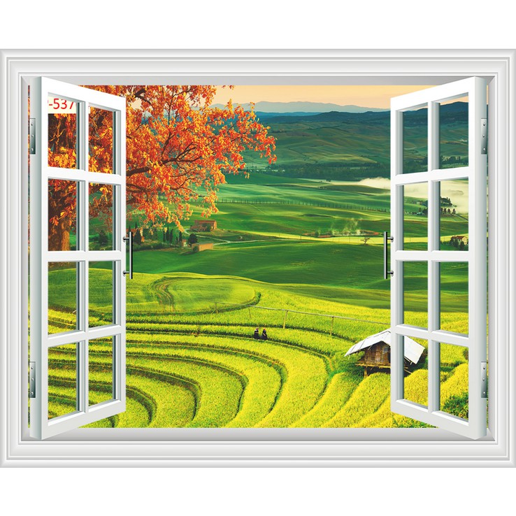 Tranh dán tường cửa sổ 3D Kích thước 150 x 90 hình ruộng bậc thang