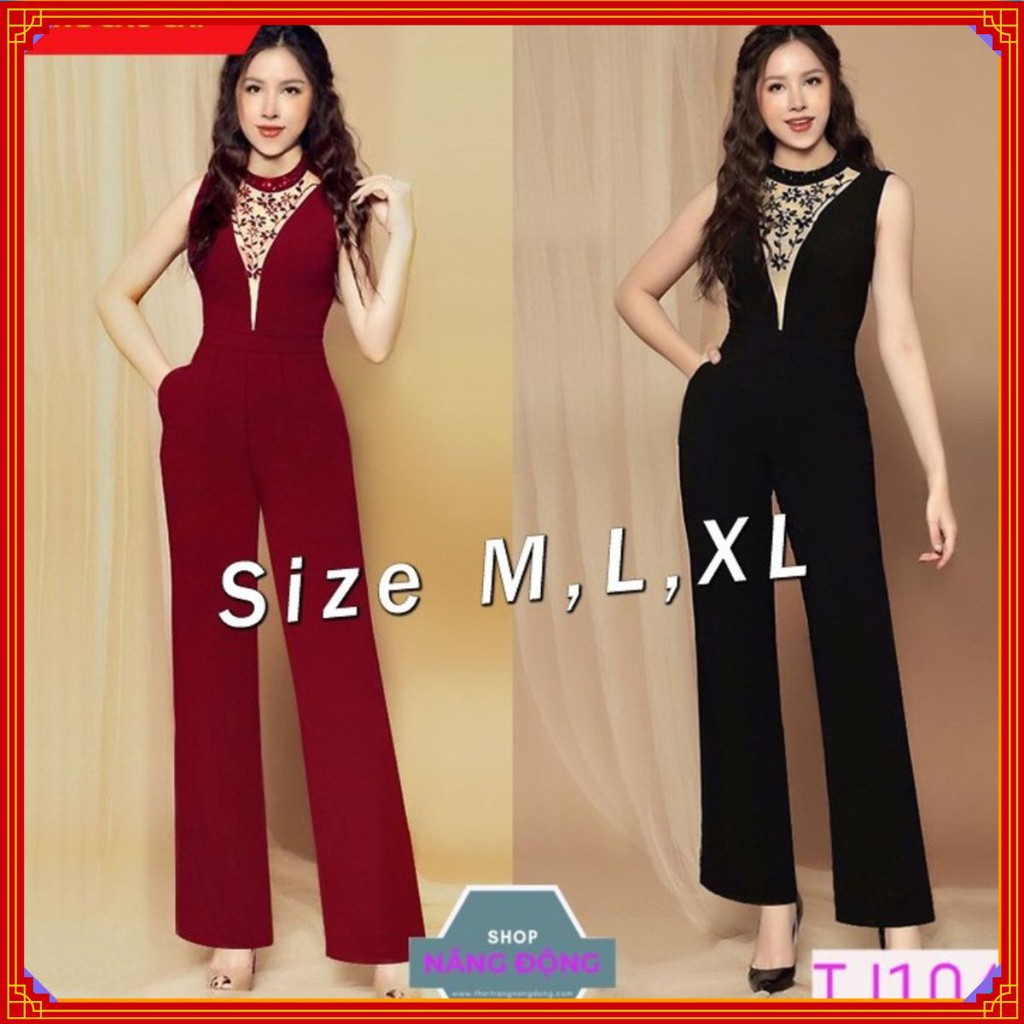 Bộ Jum Đẹp 💝FREESHIP💝  Jumpsuit dài ống suông cổ yếm phối lưới đính hột xinh xắn J1041