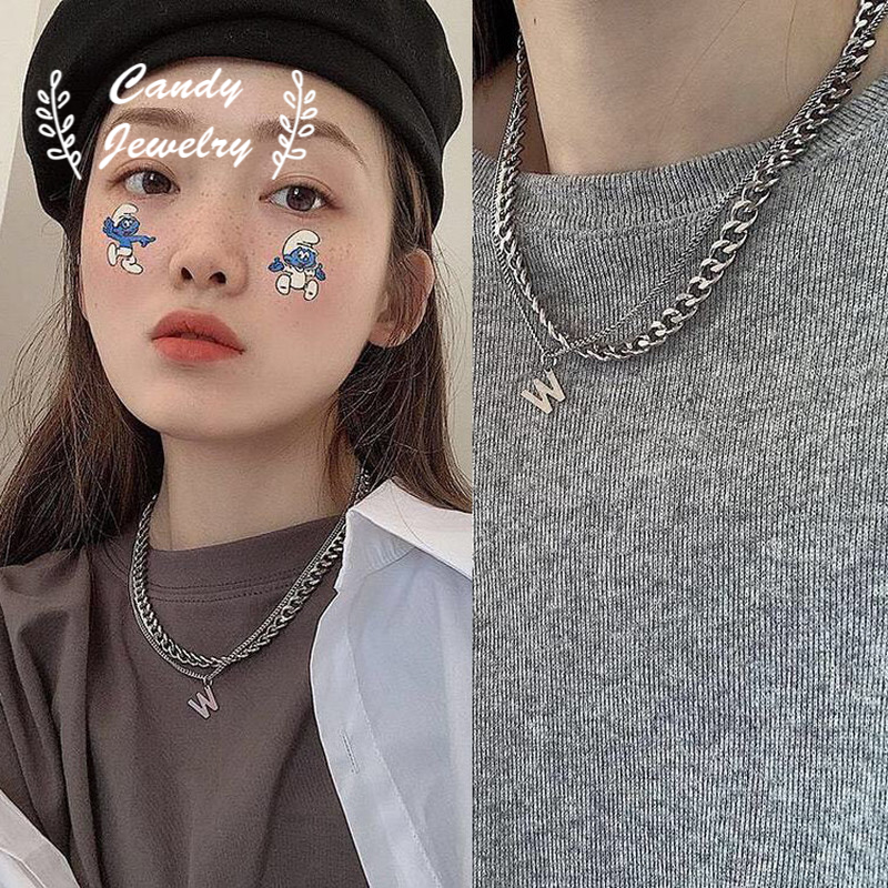 Dây chuyền choker hai lớp mặt chữ W phong cách Hàn Quốc