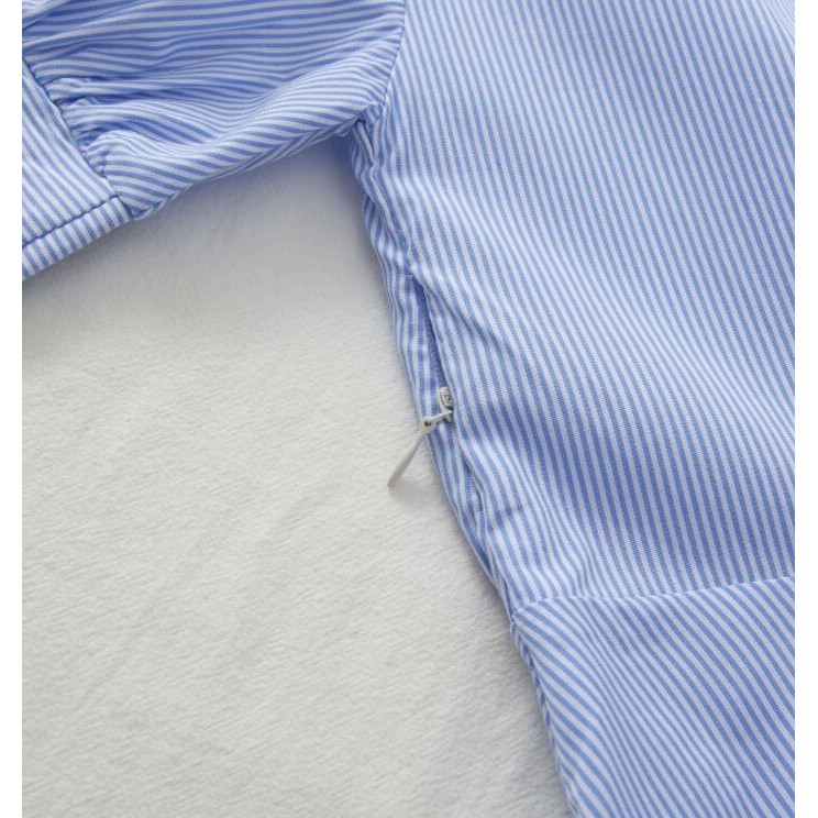 Đầm mini tay phồng cổ chữ V kẻ sọc xanh thời trang 35686