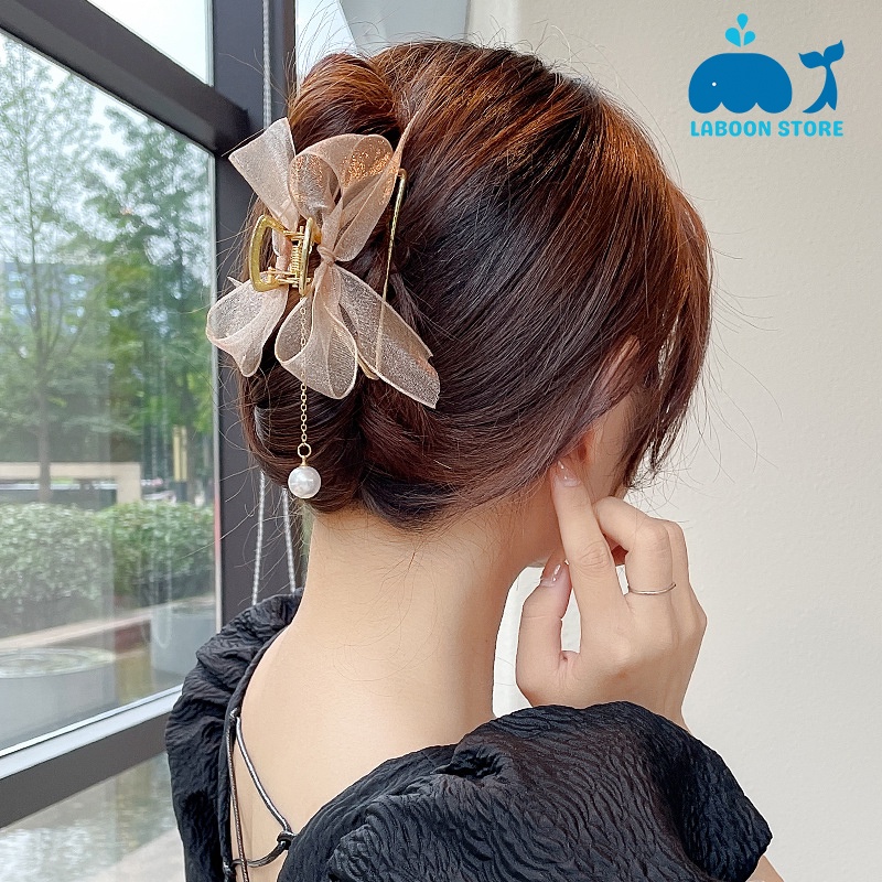 Kẹp tóc nữ kim loại Laboon phối nơ đính dây tua rua xinh xắn phong cách Hàn Quốc