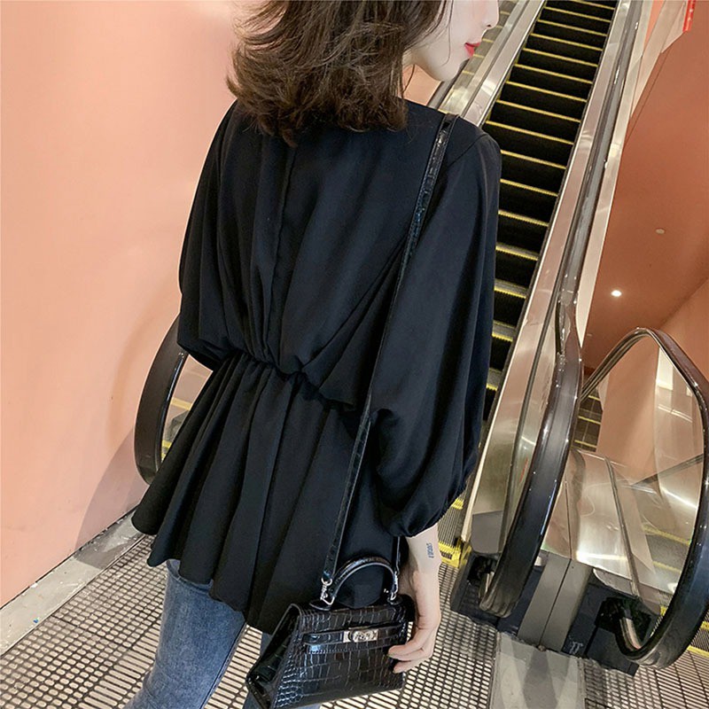 Áo kiểu tay lỡ cổ chữ V chất Chiffon màu trơn thanh lịch