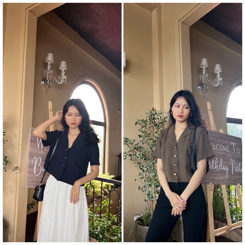 Áo vest nữ blazer tay ngắn màu tối giản Hàn Quốc
