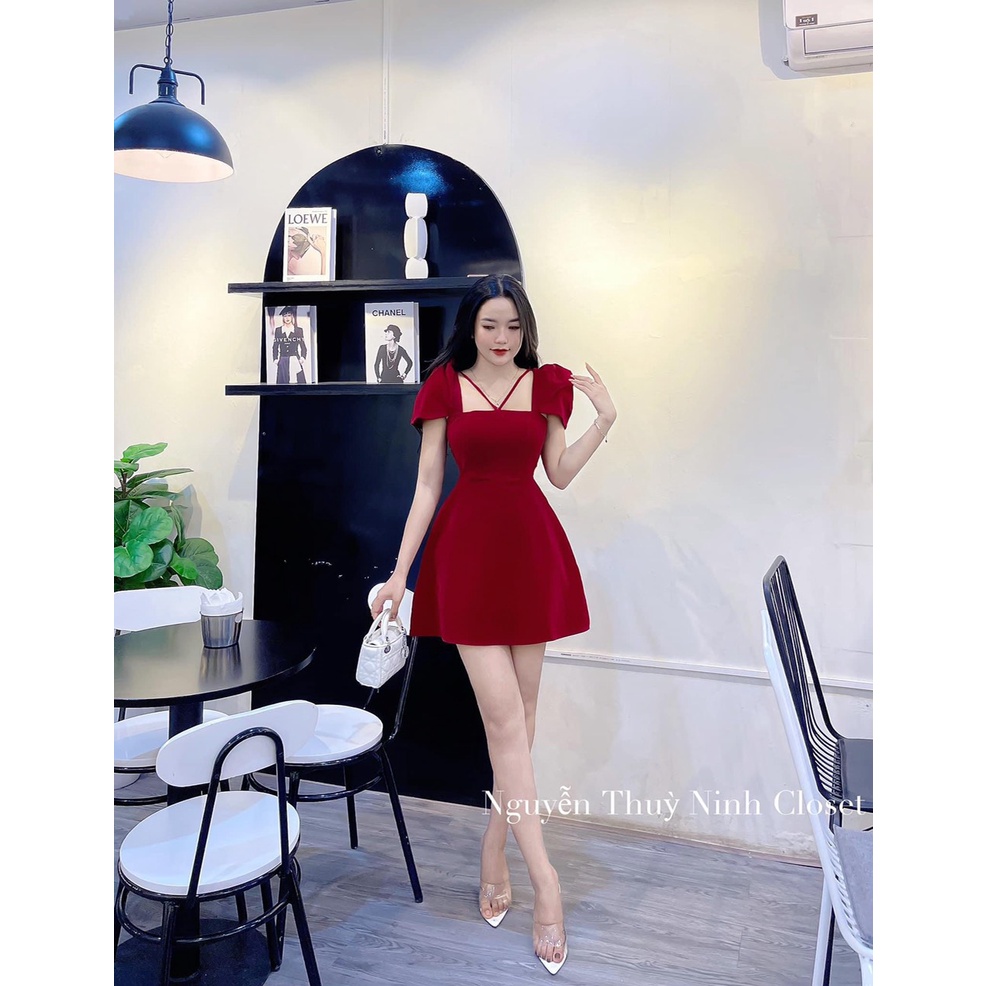 🍃 VÁY NHUNG DÂY CỔ DÁNG NGẮN 2 màu ĐEN ,ĐỎ  lolla_ye_fashion