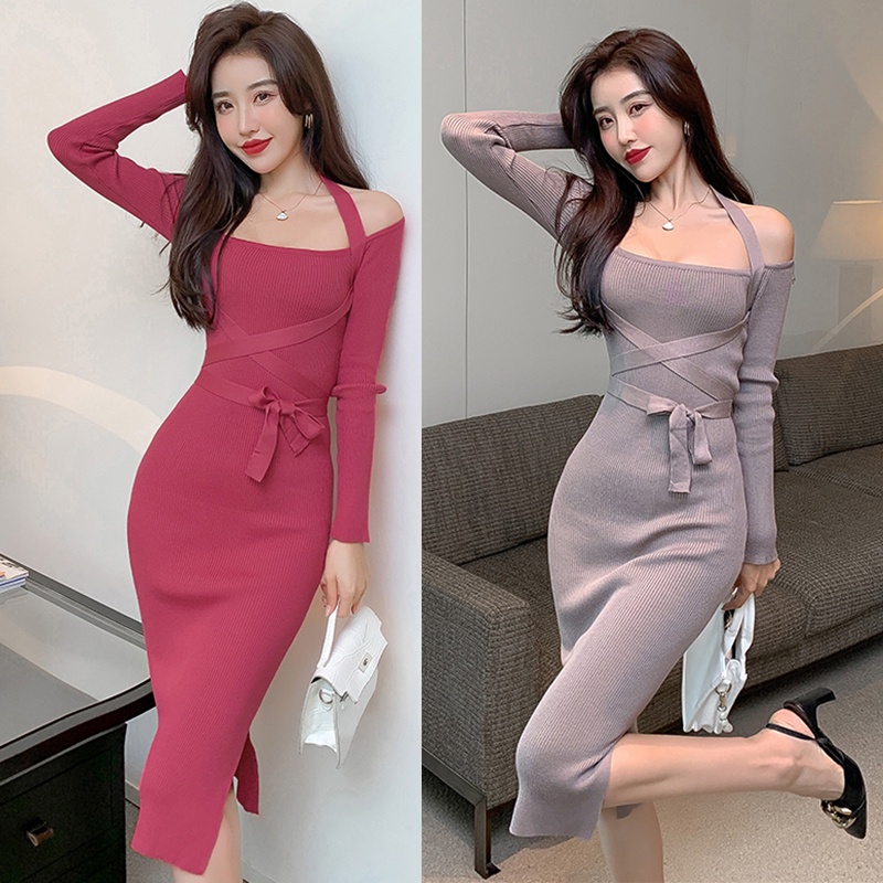 Đầm dệt kim dáng vừa thiết kế xẻ tà phong cách retro