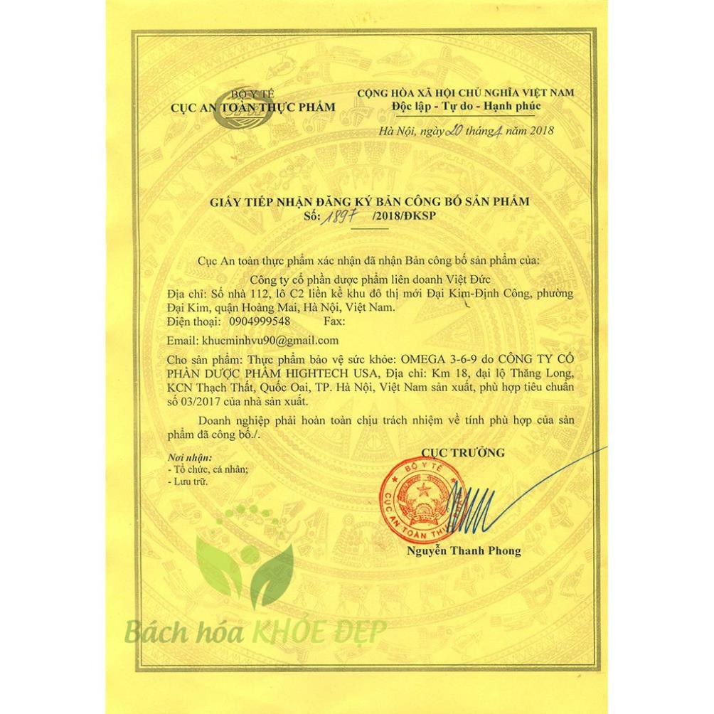 Viên dầu cá Omega 3 6 9 Bổ não, sáng mắt, khỏe mạnh tim mạch, tăng cường trí nhớ - Hộp 100 viên