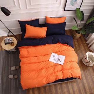Bộ drap & chăn phao cotton poly cam phối xanh than