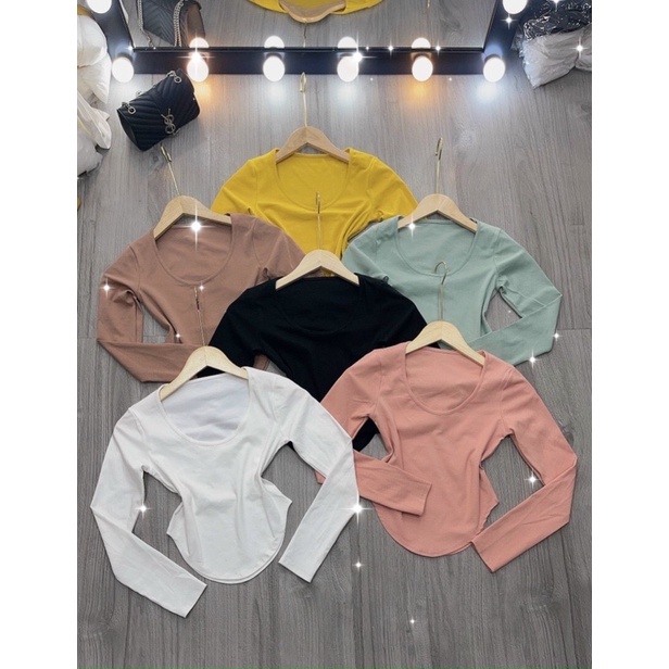 Áo thun body tay dài Croptop cổ U vạt bầu