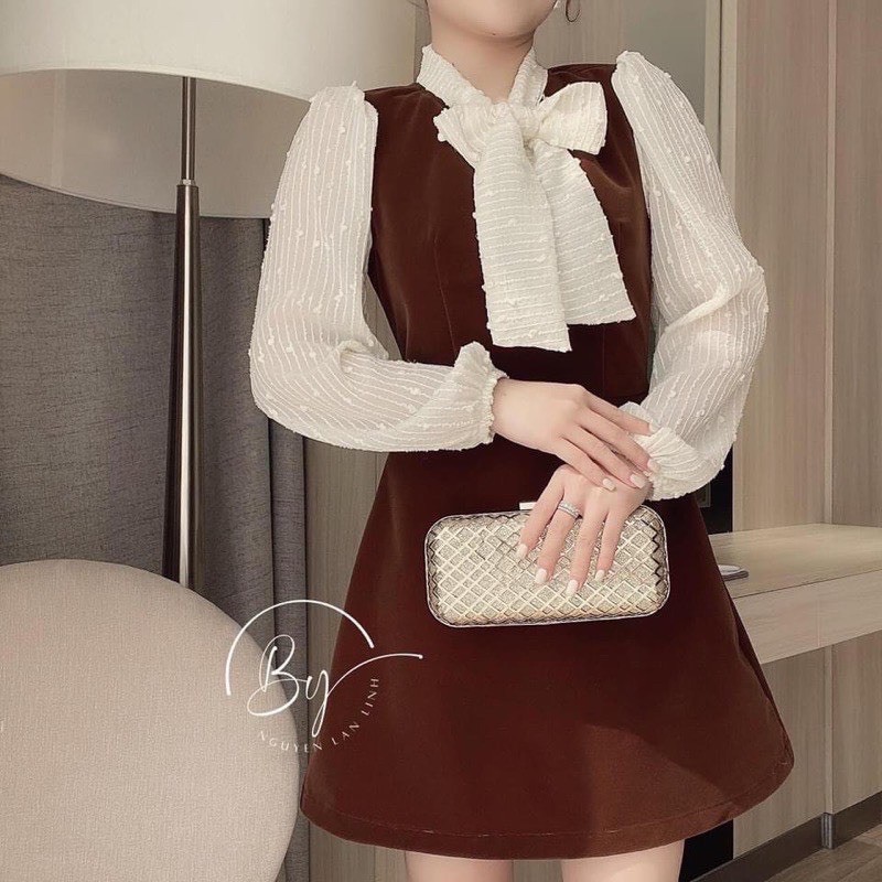 BÁN SỈ VÁY NHUNG 2 MÀU NƠ TRẮNG CHO NỮ