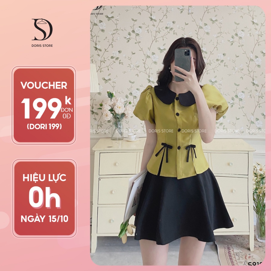 Set áo tiểu thư chân váy xoè DORIS thiết kế áo ngắn tay phối nơ kèm chân váy đen ngắn trẻ trung thanh lịch S2180