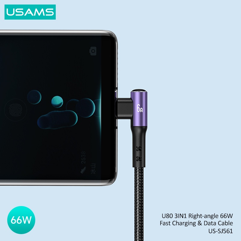 Usams Dây Cáp Sạc Nhanh USB Type C 3 Trong 1 66W 1.2M Cho Laptop / Điện Thoại / Máy Tính Bảng