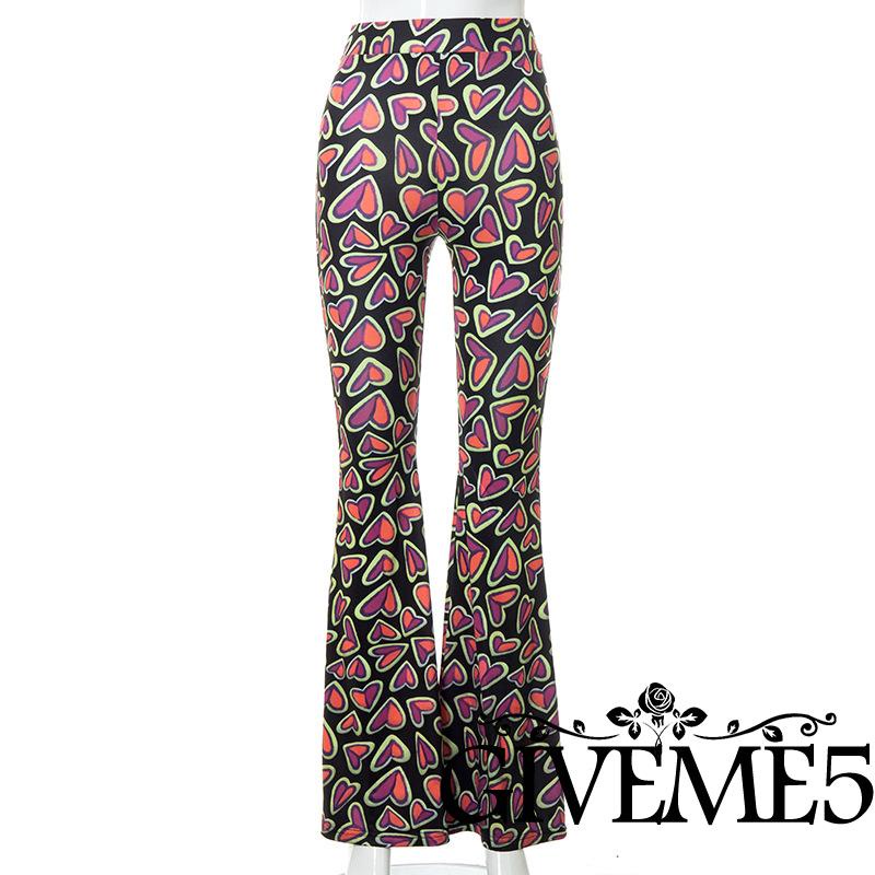 Quần Dài Ống Loe Lưng Cao In Họa Tiết Trái Tim Thời Trang Cho Nữ