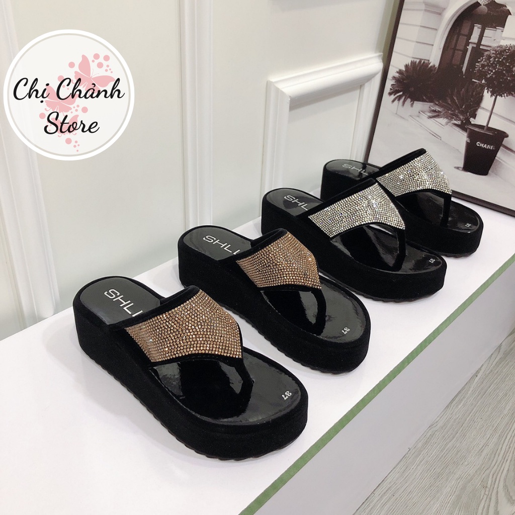 Dép Đế Xuồng Nhung Cao 5p Bản Kẹp Xoàn Đá Chất Nhung Mềm Mướt Cực Xinh - ChiChanh Store