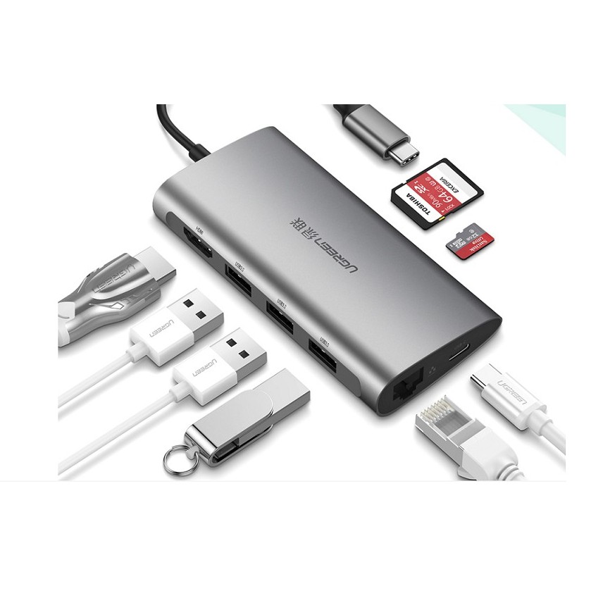 Thiết bị mở rộng USB type-C to HDMI/Hub USB 3.0/SD/TF/Lan Gigabit chính hãng Ugreen 50538 cao cấp