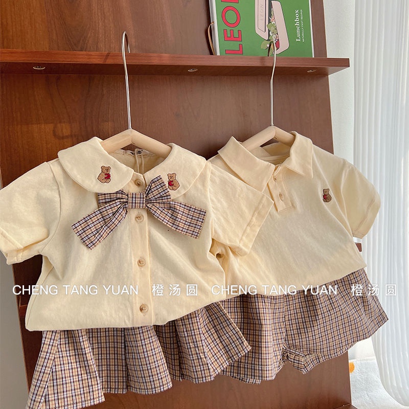 Bộ Áo Sơ Mi Tay Ngắn + Chân Váy Ngắn Phong Cách Hàn Quốc Dễ Thương Thời Trang Mùa Hè Cho Bé Gái