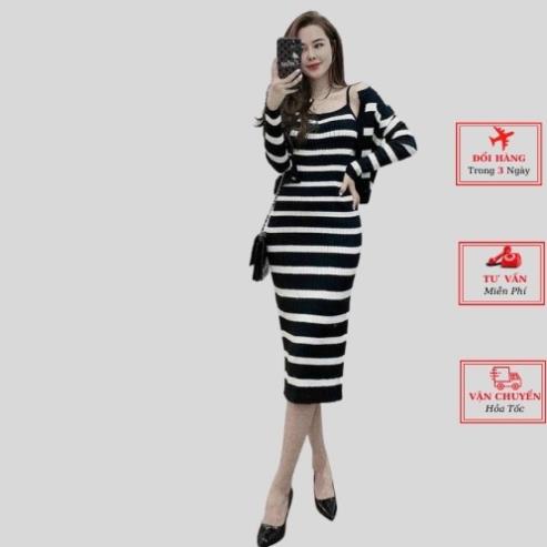 ঔৣ Váy đầm body len 2 dây nữ dáng dài maxi kẻ ngang đen trắng kèm áo cardigan ulzzang Hàn Quốc ঔৣ