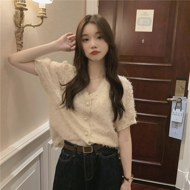 Áo Sơ Mi Ngắn Tay Cổ Chữ v Phối Ren Đính Ngọc Trai Phong Cách Retro 53686