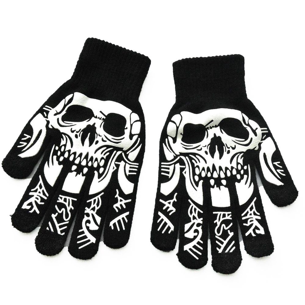 Đôi găng tay hở ngón họa tiết đầu lâu màu dạ quang độc đáo thích hợp cho halloween