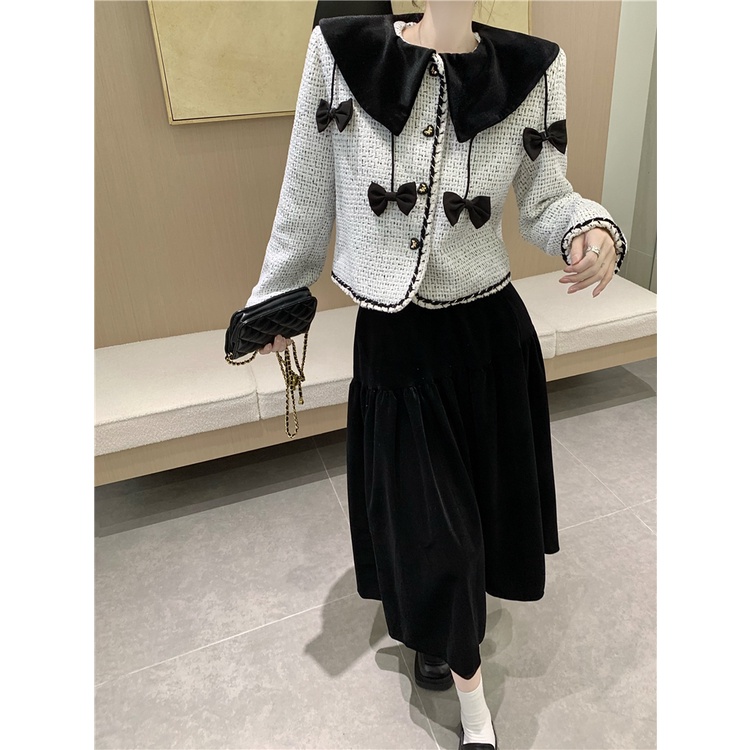 Set Áo Khoác Len Tay Dài Đính Nơ + Chân Váy Chữ A Lưng Cao Thời Trang Hàn Quốc Cho Nữ