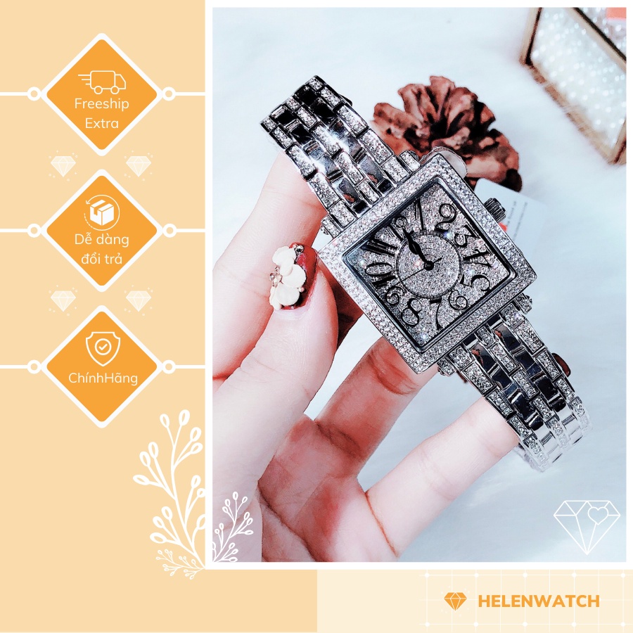 Đồng hồ nữ DAVENA D61651 Silver - Mặt vuông - Vỏ thép chống gỉ đính đá Swarovski