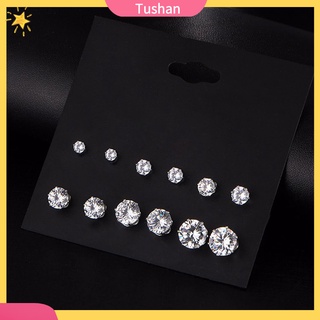 Set 6 đôi khuyên tai dạng nụ đính đá cubic zirconia hình tròn thời trang sang trọng cho nữ