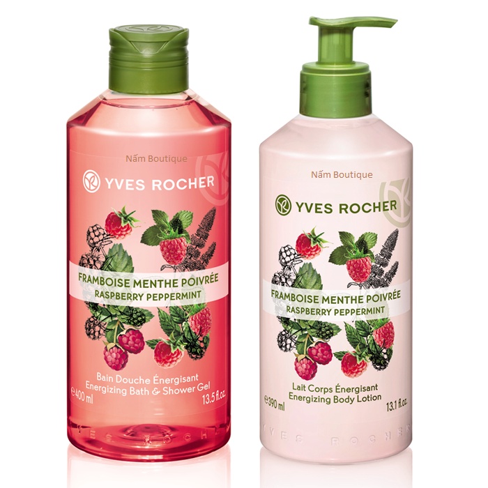 Gel tắm Yves Rocher 400ml + Dưỡng thể Yves Rocher 390ml - Hương mâm xôi đỏ và lá bạc hà