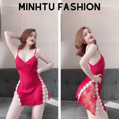 Váy Ngủ Sexy, Đầm Ngủ 2 Dây Kèm Quần ( Có Mút Ngực ) Chất Lụa Satin Phối Ren Hông Sexy Quyến Rủ, Gợi Cảm | BigBuy360 - bigbuy360.vn