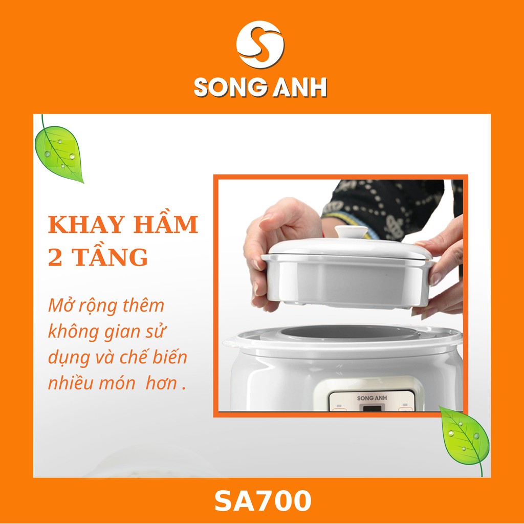 Nồi Nấu Cháo Chậm - Nồi Hầm, Ninh, Hấp Cách Thuỷ SONG ANH - Sản phẩm có 2 bát sứ và khay hấp kèm theo