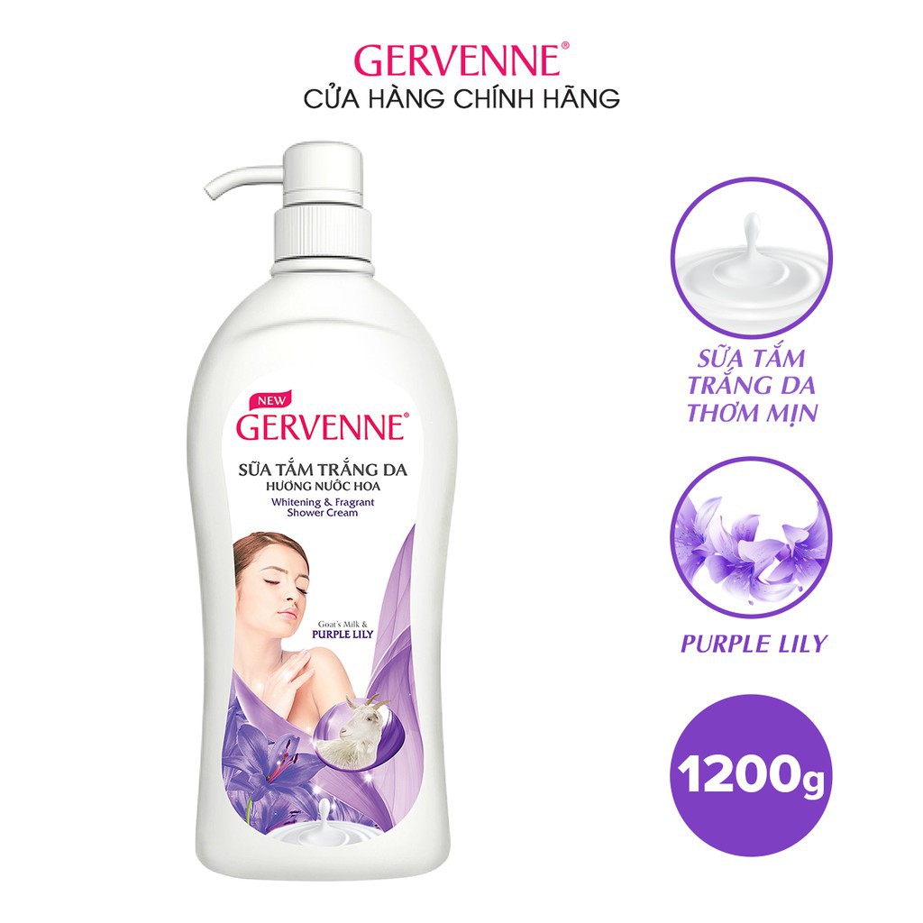 Combo Sữa tắm trắng danước hoa Gervenne Purple Lily1200g+Lăn khử mùi trắng da Purple Lily50ml