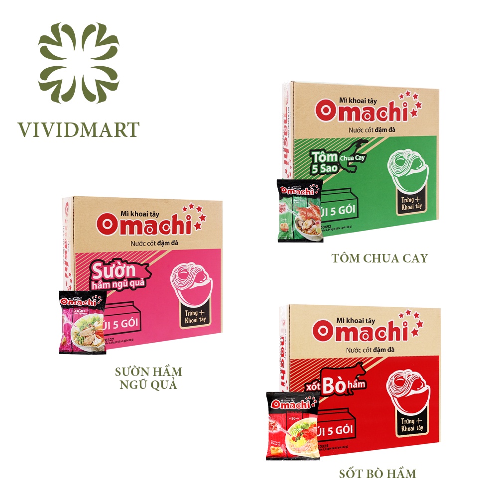 MÌ KHOAI TÂY OMACHI 3 VỊ: SƯỜN HẦM NGŨ QUẢ, TÔM CHUA CAY, XỐT / SỐT BÒ HẦM - GÓI 80G - MASAN