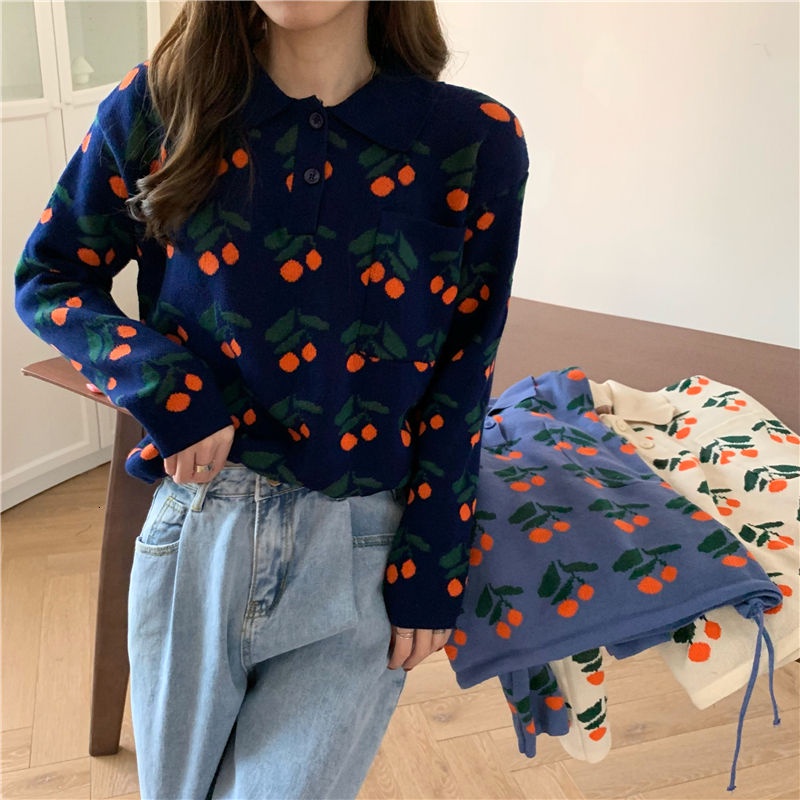 Áo kiểu PURE CUBE dệt kim tay dài dáng rộng cổ polo in họa tiết quả cherry phong cách Hàn Quốc xinh xắn cho nữ