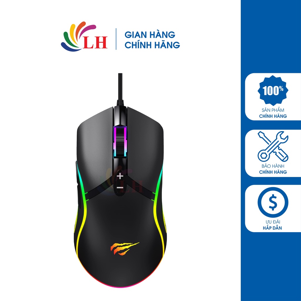 Chuột có dây Gaming Havit MS1026 - Hàng chính hãng - DPI 1000-6400, thiết kế cong thái học, LED REG độc đáo