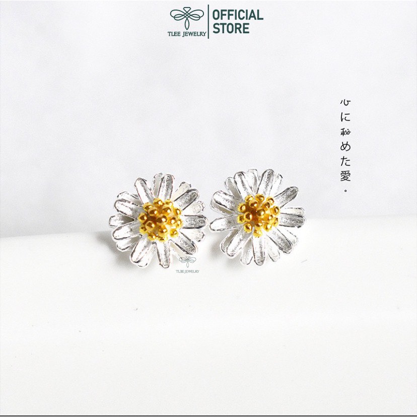 Khuyên tai bạc nữ TLEE hoa cúc nhiều cánh nhị xi vàng 14kara TleeJewelry B0311